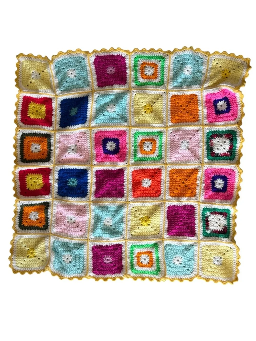 Handmade Crochet Granny Square Small Lap Blanket Throw Colorful Scalloped Border